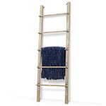 MyGift Wall-Leaning Vintage Brown Whitewashed Solid Wood Blanket Ladder/Towel Holder Storage Rack with Rustic Metal Cuffs