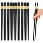 10 Pairs Premium Fiberglass Chopsticks for Sushi, Ramen, Asian Dishes, Reusable Chopstick Gift Set Dishwasher Safe, Japanese Chinese Non-Slip Chop Sticks Black and Gold Color, 9.4-Inch Length