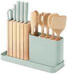 Caraway 14-Piece Kitchen Prep Set - Kitchen Knife Set & Wooden Utensil Set - Made With Premium German Steel Blades & FSC-Certified Birch Wood - Non-Toxic Materials - Includes Organizer - Mist