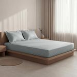 SleepyCat 300TC Sateen Fitted Sheets with 2 Pillowcase | 100% Cotton Bedsheet | Buttery Soft Feel | 360° Elastic Grip | Side Pockets for Phone, Keys & Books | Denim, King Size, 72x72 Inch