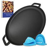 StarBlue 40.6cm Cast Iron Pizza Pan Round Griddle with FREE Silicone Handles and 30 Recipes Ebook– Pre-Seasoned Comal, Kitchen Essentials for Lovers, Baking, Grill, BBQ, Stove Oven Safe