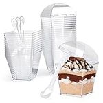 60 Pcs Dessert Cups with Lids and Spoons 200ml/7oz Square Dessert Cups Set Reusable Plastic Dessert Pots for Dessert Pudding Mousse Ice Cream Cheesecake