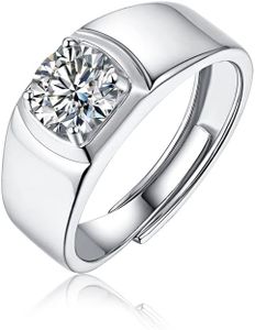 Moissanite S925 Solitaire Men's Engagement Ring, 13ct D Color VVS Clarity Round Brilliant Cut Lab Created Diamond Classic 4 Prong 925 Sterling Silver 18K Platinum Plated Promise Wedding Anniversary