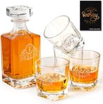 Personalized Whiskey Decanter Set for Men - 8 Engraved Design Options - Crystal Decanter Set for Liquor Lovers with 4 Glasses and Happy Birthday Card Included - Customized Gift for Him