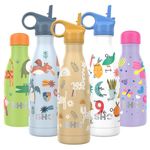 SHO Kids Bottle - Original 2.0 - Ultimate Insulated, Double Walled Stainless Steel Vacuum Flask & Water Bottle - 12 Hours Hot & 24 Hours Cold - 260ml - BPA Free (375ml, Rainbow Animals with Straw Lid)