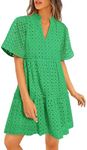 PRETTYGARDEN Women's Short Sleeve Mini Dress 2025 Summer V Neck Hollow Out Eyelet Ruffle A Line Swing Short Dresses (Green,Medium)