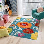 Well Woven Modern Rug Daisy Flowers Blue 3'3" x 5' Floral Accent Area Rug Entryway Bright Kids Room Kitchen Bedroom Carpet Bathroom Soft Durable Area Rug