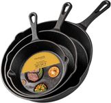 nuovva Pre-Seasoned Cast Iron Skillet Frying Pan Set Oven Safe Cookware for Indoor & Outdoor Use - Grill, Stovetop, PFOA & PTFE Free (3-Piece Chef Set 6-Inch 15cm, 8-Inch 20cm, 10-Inch 25cm)