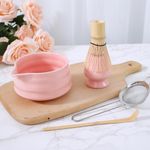 Matcha Whisk Set Matcha Whisk Holder Bamboo Matcha Whisk and Bowl with Spout Matcha Sifter Spoon Matcha Tea Set Kit for Matcha Tea (5pcs) (Pink)