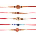 SWACRAFT Set of 5 Rakhi for Brother | Evil Eye Rakhi for Small Brother Sister| Rudraksha Rakhi for Brother Bhaiya Bhabhi | Designer Shree Rakhi for Brother | VRDUK03
