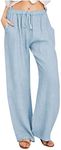 Generic Linen Wide Leg Pants for Women Trendy Casual Drawstring High Waist Pant Loose Lightweight Long Palazzo Trousers(E-Sky Blue,XX-Large)