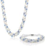 Gem Stone King 17 Inch White Cultured Freshwater Pearl and Blue Crystal Mash Necklace + Bracelet 6.5 Inch