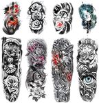 Leoars 4 Sheets Large Arm Temporary Tattoos and 4 Sheets Full Arm Sleeve Tattoo Sticker, Black Animal Eye Flower Fake Tattoos Sleeve Body Art for Women Men