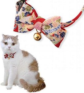Necoichi Chirimen Kimono Bow Tie Cat Collar (Red) with Bell Safety Breakaway Soft Lightweight for Cats Kitty Kitten Japanese Stylish Pattern, No.1 Seller in Japan