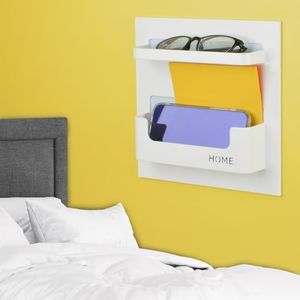 OKOMATCH Bedside Shelf - Stick On Wall Mounted Bed Room,Dorm,Office Adhesive Floating Accessories Caddy Organizer/Holder for Phone,Glasses,Remote Control,Keys,Pens - Plastic Material- White