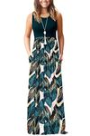 WNEEDU Women's Maxi Dress 2024 Summer Dress Casual Sleeveless Cover up Loose Sundresses Dresses with Pockets Leaf Print Green XL