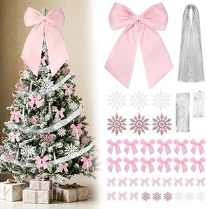 YIBOBO Pink Christmas Tree Decoration Set, Include Large Tree Topper Bow, 24 Pink Bows, 12 Glitter Snowflake, Ribbon String Light, 2000 Strands Tinsel Icicles for Xmas Garland Fireplace Indoor DIY