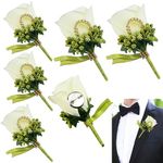 JUNMEIDO 6 PCS Rose Wedding Boutonniere White Boutonniere Handmade Corsage Buttonhole Flowers Artificial Wedding Prom Banquet Flowers Decor with Pin&Clip for Groom Men Bridal Women Suit Dress