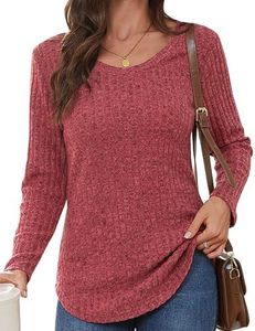 Aottori Maglia Donna a Maniche Lunghe Maglione Elegante Maglietta con Scollo a V Tinta Unita Tops Leggero Felpa Casual per Primavera Autunno Invernale Vino Rosso XL