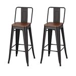 Warmiehomy Set of 2 Bar Stools Tall Industrial Vintage Bar Chairs Metal Frame and Solid Wood Seat with Backrest for Kitchen Dining Room Pub Cafe Bistro