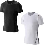 LANBAOSI Kids Boy's Compression Shirts Child's Quick Dry Sports Undershirts Short Sleeve Baselayer Tee Tops, 2 Pack(v-neck): Black/White, 14