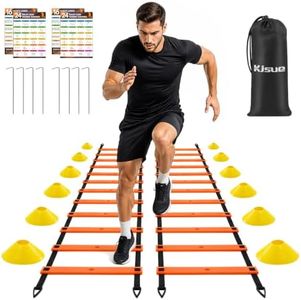 KJSUE Agility Ladder, Speed and Agility Training Equipment Set, 2 pcs 20FT 12 Adjustable Rungs Speed Ladder for Soccer Football Basketball Training, 12 Cones,1 Carry Bag, 8 Stakes (Orange)