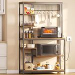 YITAHOME 39 Inch Large Kitchen Microwave Stand Bakers Rack w Power Outlet, Coffee Bar Farmhouse Freestanding Utility Storage Shelf for Appliance with Wire Panel 6 Hook, Rustic Brown