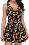 SHEKINI One Piece Swimsuit for Women V Neck Swimwear Ruched Tummy Control Back Cross Retro Swimming Costume with Skirt, Loquat, S