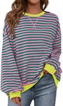 BTFBM Women's Striped Pullover Tops 2024 Fall Clothes Long Sleeve Shirts Trendy Soft Crew Neck Loose Y2K Sweatshirts(Pink Green, Large)