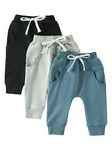 ZZLBUF Toddler Boys Pull on Jogger Pants 3 Pack Drawstring Trousers Sweatpants Athletic Workout Sports Pants with Pockets (01-Black Gray Blue, 12-18 Months)