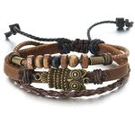 Mens Womens Multi-Strand Brown Braided Leather Brown Cotton Strap Bracelet with Owl and Beads Charms