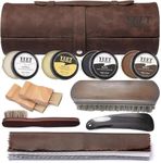 YUET Shoe Polish Kit Cleaning Shine Care Barrel Set For Brown Black Leather With Brush Travel Case Luxury Premium Soft Horsehair Bristle Dauber, Wooden Applicator, Shoehorn, Cloth 13 Piece Brown Pouch