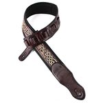 Walker & Williams KB-05-BRN Dark Walnut Full Grain Center Block Carving Leather Padded Guitar Strap With Aged White Celtic Chain, Brown, Regular