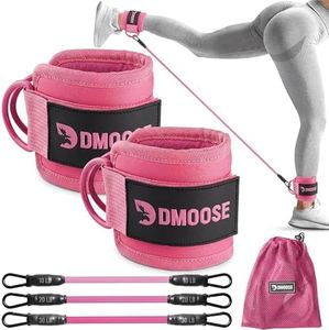 DMoose Fitness Ankle Strap with Tube Resistance Band for Cable Machines - Padded Ankle Cuff & Durable Tube Band for Glute Kickbacks, Leg Workouts, Hip Abduction, Resistance Training (Pink)