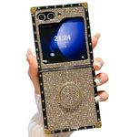 for Samsung Galaxy Z Flip 6 Bling Case,Luxury Bling Glitter Sparkle Cute Gold Square Corner Soft Trunk Cover with Finger Ring Grip Kickstand Phone Skin,Gold