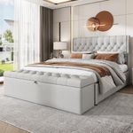 BTM Upholstered Bed, Double Bed 4FT6(135 * 190cm) with Storage Bench, Double Bed Frame with Storage, Double Bed Ottoman with Hydraulic Lever & Rivet Decoration, No Mattress, Linen, Light Grey