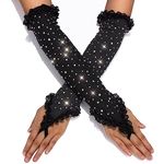 Eyret Rhinestone Lace Gloves Black Fingerless Gloves Sparkle Elbow Length Gloves Evening Party Opera Costume Rave Outfit for Women and Girls, Black, Standard