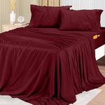 Utopia Bedding Queen Sheet Set – Soft Microfiber Luxury Bed Sheets with Deep Pockets - Embroidered Pillow Cases - Side Storage Pocket Fitted Sheet - Flat Sheet (Burgundy, Queen)