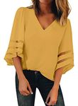 BLENCOT Womens Plus Size 3 4 Sleeve Bell Sleeve Lace Patchwork Chiffon Blouse Shirt Casual Loose Tops Yellow 2XL