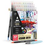 Arteza Real Brush Pens, 36 Dual-Tip Watercolor Markers with Flexible Nylon Brush Tips, Professional Watercolor Pens for Painting, Drawing, Coloring with Water Brush