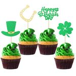 Gyufise 24 Pack Happy St Patrick's Day Cupcake Toppers Shamrock Cupcake Toppers Four Leaf Clover Hat Cake Picks for St Patrick's Day Party Decorations