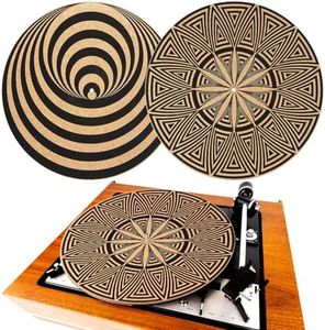 Briwooody 2 Pcs Cork Turntable Mat/3mm Thick for Better Sound Support on 11.8 Inches Vinyl LP Record Player Turntable Slipmat Psychedelic Geometric for Vinyl Record(Mix Pattern)