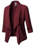 Women's Stretch 3/4 Gathered Sleeve Open Blazer Jacket, Aawbzt0002 Burgundy, XX-Large