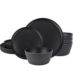 afcevnlb 12-Piece Plastic Dinnerware Set Plates and Bowls Sets Service for 4 Matte Black Melamine Plates Unbreakable Plastic Outdoor Camping Dishes Decor Dishwasher Safe