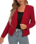 MINTLIMIT Blazers for Women Business Casual Cropped Blazer Open Front Collarless Cardigan Jacket with Zipper Pockets, Red, Medium