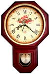 JUSTIME Vintage Rose Classic Traditional Schoolhouse Pendulum Wall Clock Chimes Every Hour with Westminster Melody Made in Taiwan, 4AA Batteries Included (PP0258-FRM Red Mahogany)