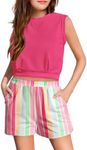 Arshiner Girls Summer Short Sets Pink Sleeveless Tops and Stripe Shorts with Pockets Casual 2 Pieces Outfits 10-12 Years