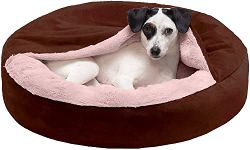 PAWSOME - Round Snuggery Hooded Fabric Dog Bed with Attached Blanket, Calming Anti-Anxiety Hooded Donut Bed & More for Dogs & Cats - Multiple Colors, Sizes, & Styles Brown (Medium)