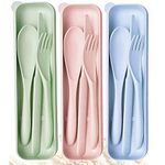 Travel Cutlery Set with Case, 3 Pack Plastic Cutlery Set Reusable Plastic Forks Spoon Tableware, Portable Camping Cutlery Set for Adult Travel Picnic Camping or Daily Use (Blue&Green&Pink)