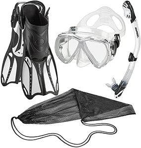 Phantom Aquatics Rapido Boutique Collection Mask Fin Snorkel Set, Panoramic View Snorkel Mask, Dry Snorkel Set with Snorkeling Gear Bag (S/M, 5-8, Weiß)